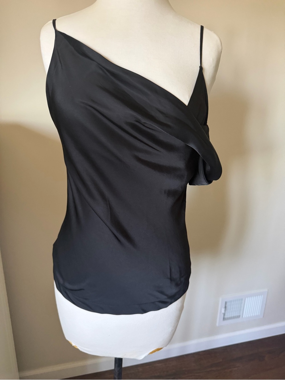 A.L.C. Black Satin Draped Asymmetrical Cami